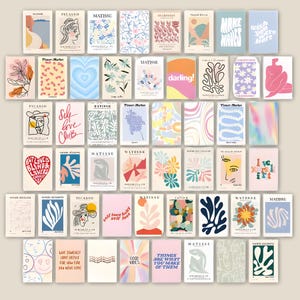 May include: A collection of rectangular art prints featuring various abstract designs, floral patterns, and text. The color palette includes pastels, with some prints displaying text such as "Self Love Club" and "Good Vibes".