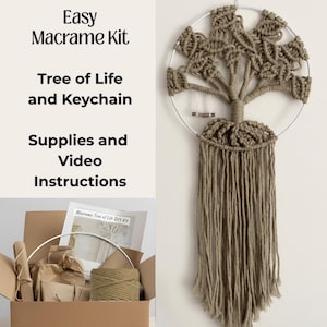 May include: A macrame DIY kit with the text "Easy Macrame Kit Tree of Life and Keychain Supplies and Video Instructions." The kit includes a macrame tree of life wall hanging, a keychain, and supplies in a cardboard box. The finished macrame tree is a beige color.