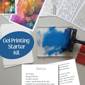 May include: A gel printing starter kit with a blue roller, acrylic paints, and stencils. The kit includes a gel plate, brayer/roller, acrylic paints, and paper. The image also shows examples of finished prints with colorful designs.