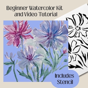 Puede incluir: Kit de pintura de acuarela para principiantes. La imagen muestra una pintura de acuarela de flores en tonos morados, azules y blancos. El texto "Beginner Watercolor Kit and Video Tutorial" est&aacute; en la parte superior. Se incluye una plantilla.