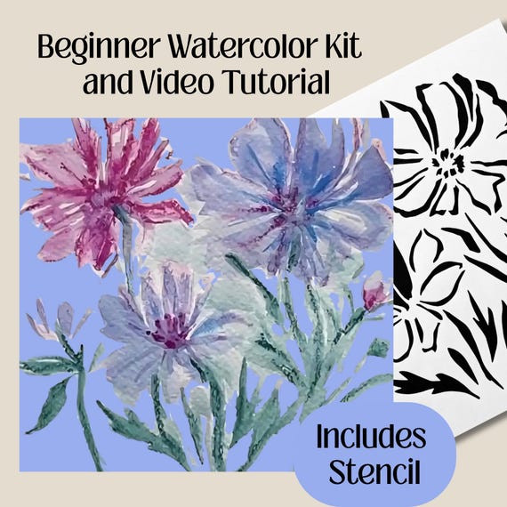 Beginner Watercolor Kit with Stencil Cosmos Floral Painting Kit for Adults Learn Watercolor Art Set with Video Tutorial Creative Hobby Gift