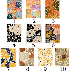 May include: Ten different floral print designs in a grid format. Each design features a unique combination of colors and patterns, including yellow, blue, green, orange, red, black, and white.