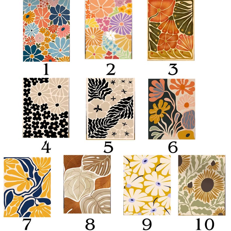 May include: Ten different floral print designs in a grid format. Each design features a unique combination of colors and patterns, including yellow, blue, green, orange, red, black, and white.