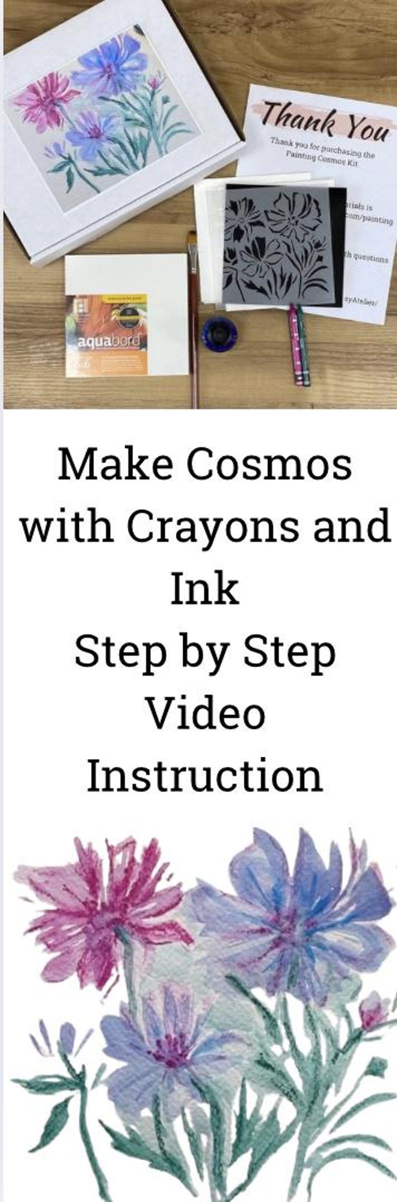 Puede incluir: Un kit de pintura con una acuarela de flores de cosmos moradas y azules. El kit incluye una caja con una pintura, un pincel, una plantilla y materiales de arte. Tambi&eacute;n se ve el texto "Make Cosmos with Crayons and Ink".