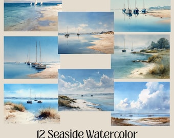 Seaside watercolor print beach landscaper art PNG seascape illustration SVG 12 beach scene clipart beach clipart sand clipart ocean clipart