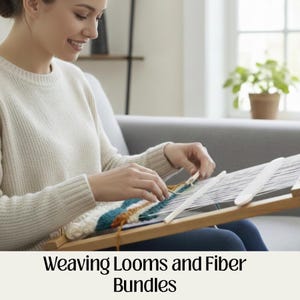 May include: A wooden weaving loom with white warp threads and partially woven fiber bundles in shades of teal, white, and mustard yellow. The text Weaving Looms and Fiber Bundles is displayed at the bottom of the image.