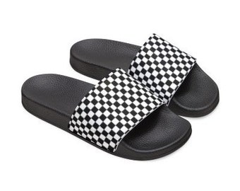 Women's Slide Sandals black and white checkered pattern Women's Checkered Black  White slides Black  White Checkered  Slip On Slide Sandals