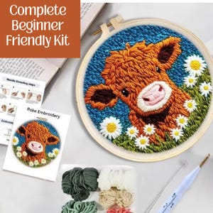 May include: A complete beginner-friendly embroidery kit featuring a brown cow with a pink nose and white daisies. The kit includes embroidery floss, a needle, and instructions. The text "Complete Beginner Friendly Kit" is displayed.