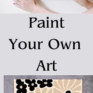May include: Paint by numbers kit featuring a black and beige floral design. The kit includes a canvas, paintbrushes, and paint pots.