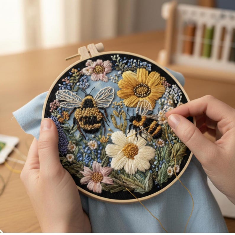 Easy Bee Art Kit Beginner Embroidery Kit All Levels Bumble Bee Pattern ...