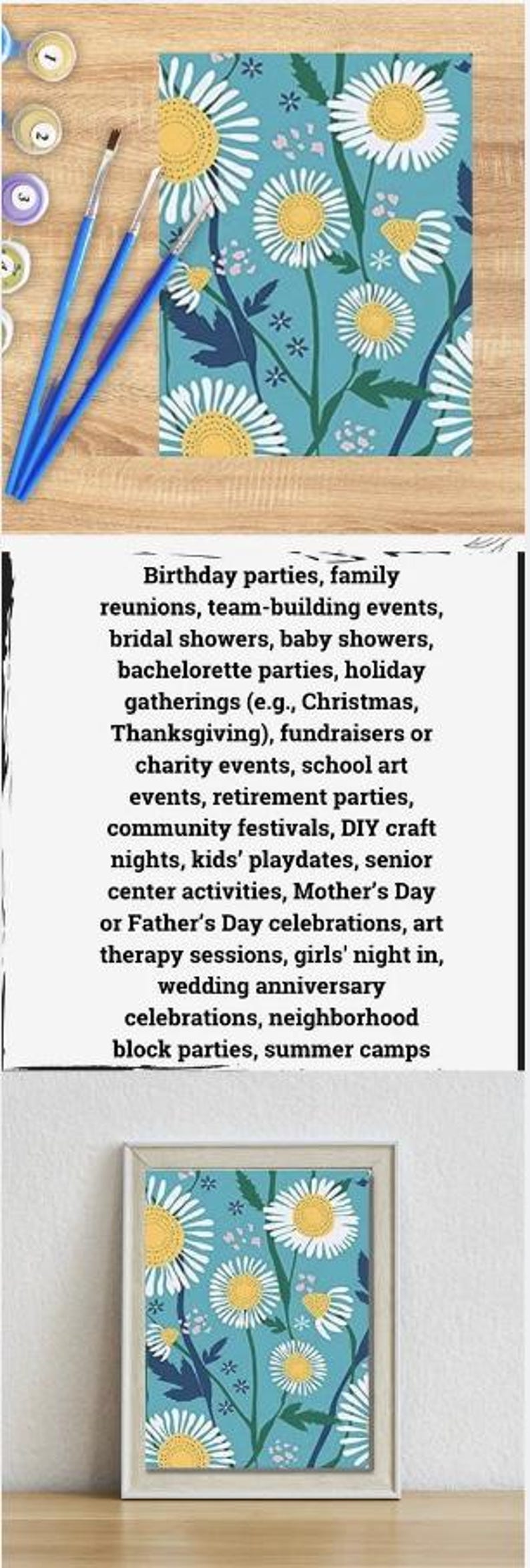 May include: A blue and white paint by numbers kit with a floral design featuring white daisies with yellow centers on a blue background. The kit includes three paintbrushes and a numbered canvas.