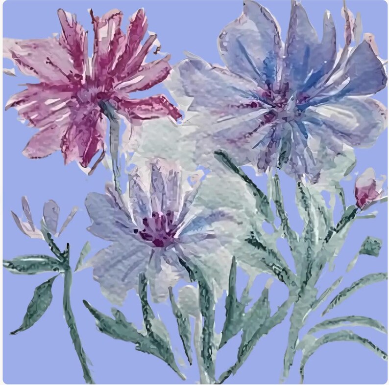 Puede incluir: Pintura a la acuarela de varias flores en tonos morados, azules y blancos, con hojas y tallos verdes sobre un fondo azul claro. Las flores tienen m&uacute;ltiples p&eacute;talos y est&aacute;n en plena floraci&oacute;n.