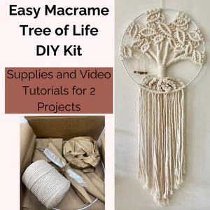 May include: A macrame Tree of Life DIY kit featuring supplies for two projects, including a spool of off-white cord, a metal ring, and a finished wall hanging with a tree design. Text reads: Easy Macrame Tree of Life DIY Kit. Supplies and Video Tutorials for 2 Projects.