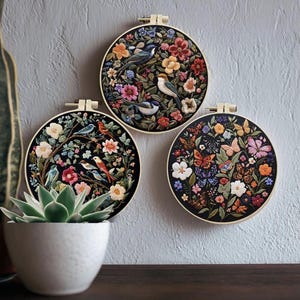 Bird and Flower Pattern Set of 3 Beginner Embroidery Kit Printed Fabric DIY Stitch Kit for Adult Modern Floral Hoop Art Gift for Embroider