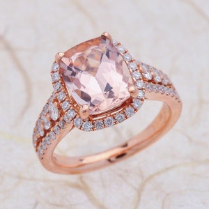 Morganite Diamond Halo Engagement Ring in 14k Rose Gold 10X8 MM Pink Peach Morganite Gemstone Ring