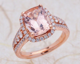 Morganite Diamond Halo Engagement Ring in 14k Rose Gold 10X8 MM Pink Peach Morganite Gemstone Ring