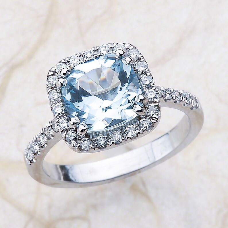 Aquamarine Engagement Ring, Cushion Cut Aquamarine Halo Design, March Birthstone, Birthday Gift image 1