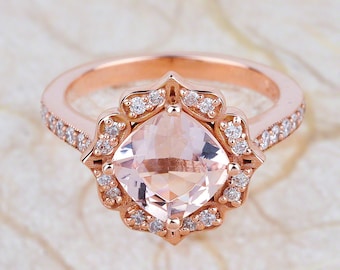 Morganite Engagement Ring Rose Gold / Cushion Cut Halo Vintage Scalloped Design