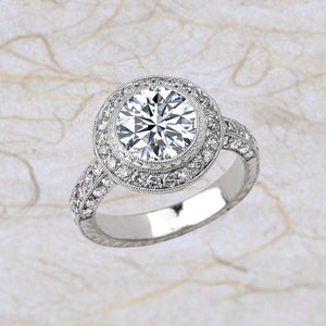 NEO Moissanite Art Deco Vintage Diamond Halo Engagement Ring in 14k White Gold 8 MM