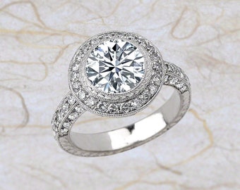 NEO Moissanite Art Deco Vintage Diamond Halo Engagement Ring in 14k White Gold 8 MM