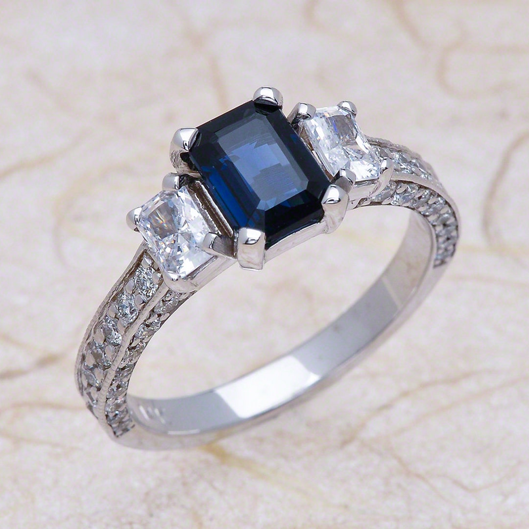 Natural Blue Sapphire Engagement Ring- Stone Ring-14k White Gold