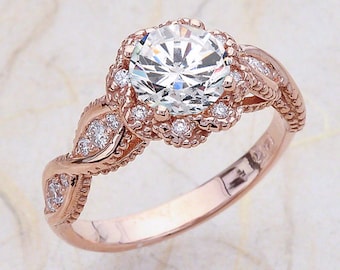 Moissanite Engagement Ring Rose Gold / Round Cut NEO Moissanite Vintage Halo Design / White Diamond Alternative Substitute
