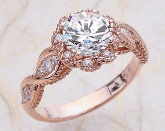 Moissanite Engagement Ring Rose Gold / Round Cut NEO Moissanite Vintage Halo Design / White Diamond Alternative Substitute