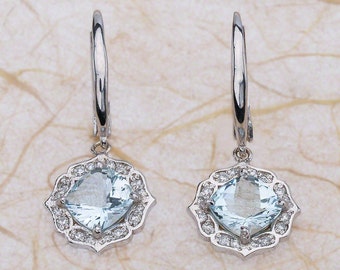 Aquamarine Halo Dangling Earrings in 14K Gold (White, Rose, or Yellow)