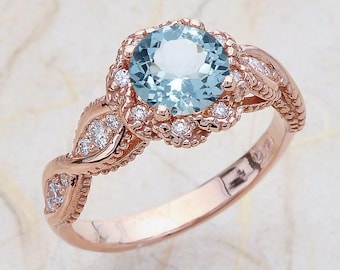 Aquamarine Engagement Ring Rose Gold / Round Cut March Birthstone Vintage Halo Design / Diamond Alternative Substitute