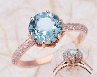 Aquamarine Engagement Ring Rose Gold, Round Cut Lotus Inspired Pink Gold Ring with Aquamarine, Diamond Lotus Engagement with Aquamarine Ring