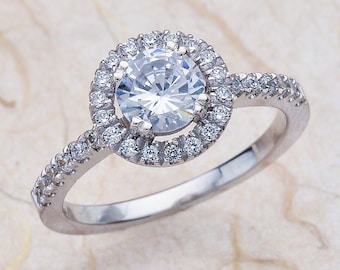 White Sapphire Engagement Ring White Gold, Sapphire Halo Engagement Ring White Gold, White Gold Engagement Ring, Sapphire Engagement Ring