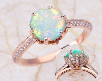 Opal Engagement Ring Rose Gold / Australian Opal Cabochon Top Lotus Mounting / October Birthstone Six Prong Gallery