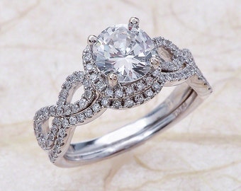Round Moissanite zaręczynowe Suita Ring zestaw białego złota, Halo Moissanite Engagement Ring, Moissanite Bridal Set, białe złoto Moissanite Halo
