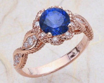 Blue Sapphire Engagement Ring Rose Gold, Halo Vintage Lab Grown Blue Sapphire Engagement Ring Rose Gold
