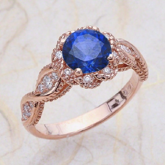 Blue Sapphire Engagement Ring Rose Gold, Halo Vintage Lab Grown Blue Sapphire Engagement Ring Rose Gold