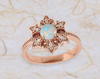 Vintage Rose Gold Opal Engagement Ring / October Birthstone / Halo Round Shaped Australian Opal/ 14k Solid Gold