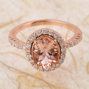 Morganite Engagement Ring 9x7 Oval Morganite Wedding Ring Halo Diamond Ring 14Kt Rose Gold Engagement Ring image 2