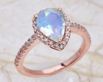 Moonstone Engagement Ring Rose Gold / Pear Shaped Teardrop Halo Engagement Ring Rose Gold / August Birthstone Birthday Gift