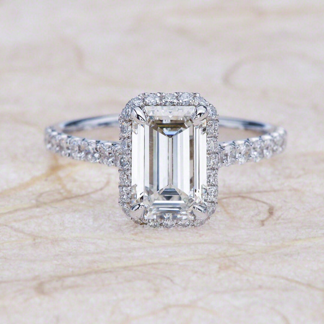 Emerald Cut Moissanite Engagement Ring Set in 14K White Gold / - Etsy