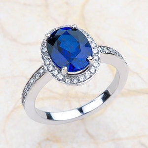 Blue Sapphire Engagement Ring White Gold, Lab Grown Sapphire Engagement Ring White Gold, Oval Cut Blue Sapphire Engagement Ring White Gold