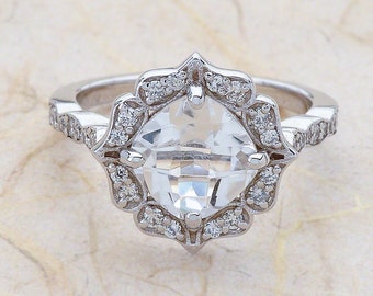 Topaz Engagement Ring / Cushion Shaped White Topaz Scalloped Halo Design / November Birthstone / Birthday Gift