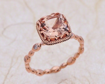 Morganite Rose Gold Engagement Ring, Cushion Morganite Rose Gold Engagement Ring, Pebble Engagement Ring Rose gold, Rose Gold Morganite Ring
