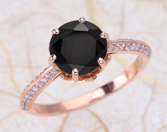 Rose Gold Engagement Ring / Spinel Engagement Ring / Lotus Flower Engagement Ring / Engagement Ring Center Is A 8MM Round Black Spinel