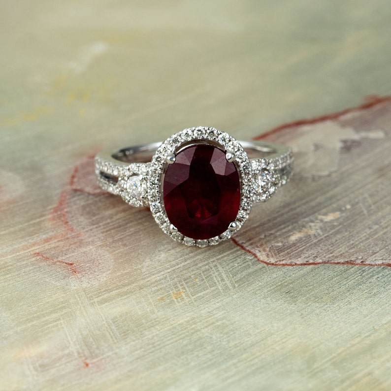 Halo Diamond and Ruby Engagement Ring in 14k White Gold 10x8mm - Etsy