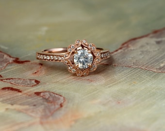 Diamond Engagement Ring Rose Gold, Floral Milgrain Halo Engagement Ring Rose Gold, Diamond Halo Engagement Ring Rose Gold, Diamond Ring Rose
