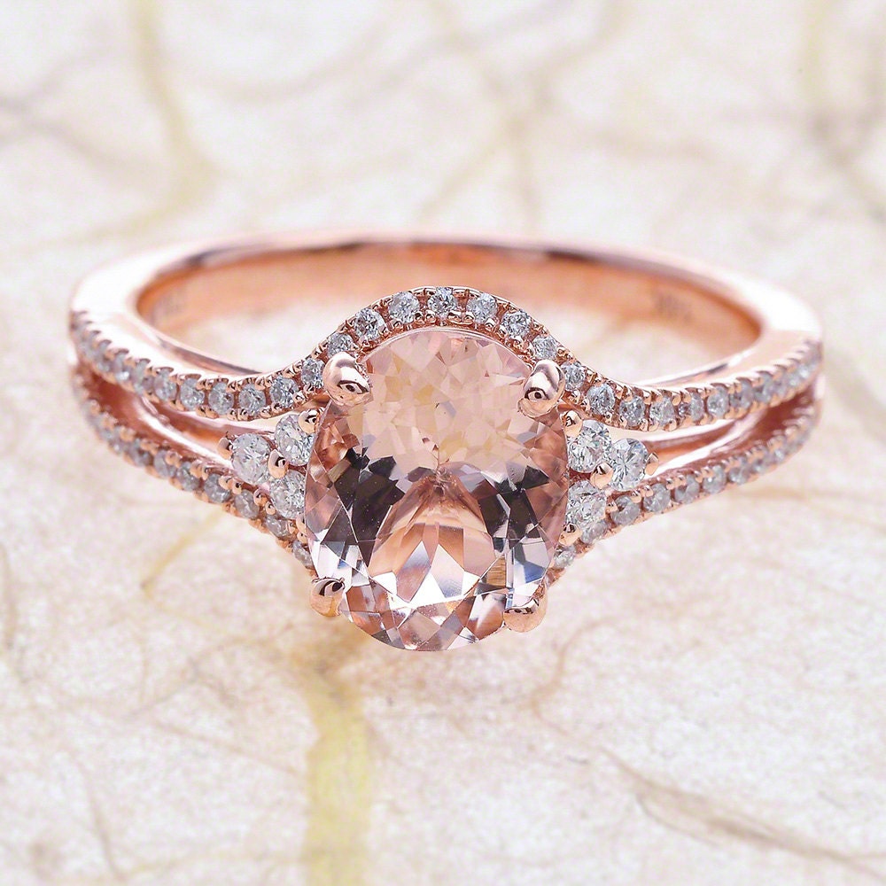 Morganite Engagement Ring Rose Gold / Oval Cut Morganite Halo | Etsy