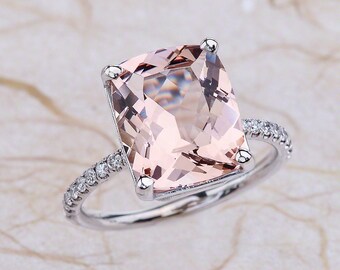 Morganite Engagement Ring / 12x10mm Cushion Cut Four Prong Basket Mounting / Ocotber November Birthstone / White Gold