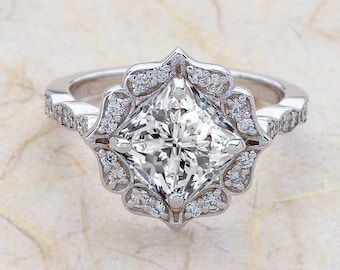 Moissanite Engagement Ring White Gold / Cushion Cut NEO Moissanite Engagement Ring / Moissanite Halo Engagement Ring Scalloped White Gold
