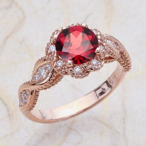 Garnet Engagement Ring Rose Gold / January Birthstone Halo Vintage Design / Red Gemstone