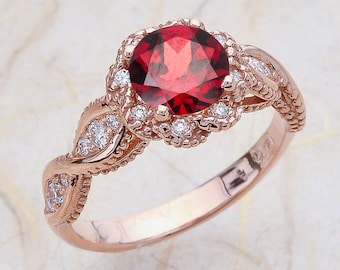 Garnet Engagement Ring Rose Gold / January Birthstone Halo Vintage Design / Red Gemstone